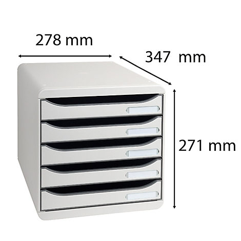 A white file organizer with six drawers. Dimensions: 278 mm x 347 mm x 271 mm.