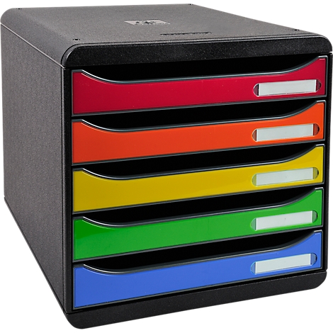 Black stacking file with 5 colored compartments. Each compartment has a label. Colors: red, orange, yellow, green, blue.