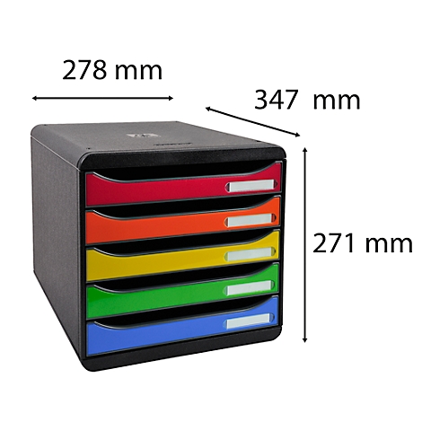 Black, stackable letter tray with five coloured drawers. Dimensions: 278x347x271 mm. Each drawer has a label field.