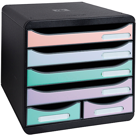 Black desk organiser with six colored drawers. Each drawer has a white name tag. The colors are pastel pink, purple, green, and light blue.