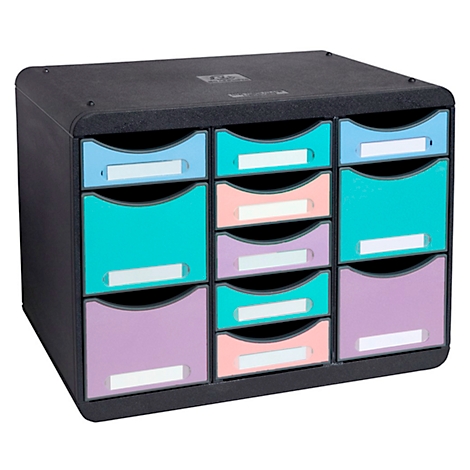 Black drawer cabinet with colorful drawers, labels. Various colors: blue, turquoise, pink, purple.
