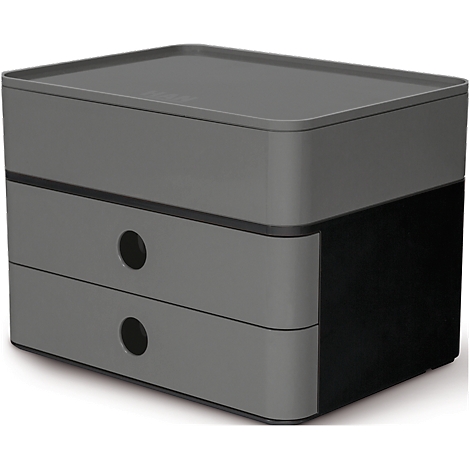 Grey drawer box with black elements and two round handles. There is a cover plate on top.