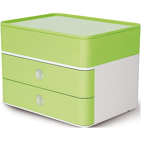 Green drawer box with two drawers and white handles. The top is also green and the bottom white.