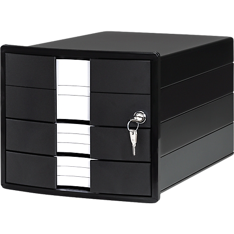 Black drawer cabinet with white paper inside the drawers and a key.