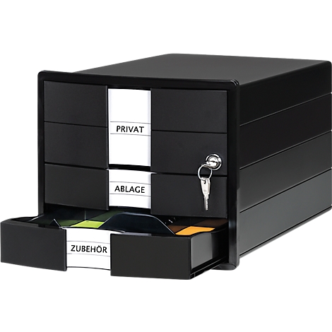 Black office cabinet with 4 drawers, key, and labels 'Private', 'Filing', and 'Accessories'.