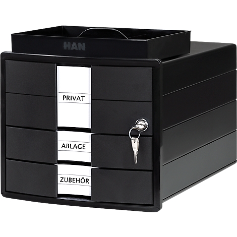 Black office drawer cabinet with three drawers, key and labels: Private, Storage, Accessories.