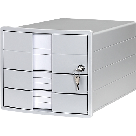 Grey filing cabinet with drawers and lock. Some drawers are open revealing stacks of paper.