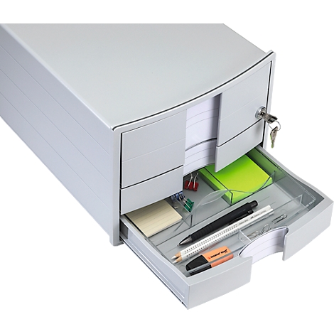 Grey office filing cabinet with an open drawer. Inside there are notes, pens and paper.