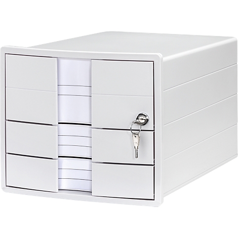 White file cabinet with four drawers, with key lock, opened. Stacks of paper inside.