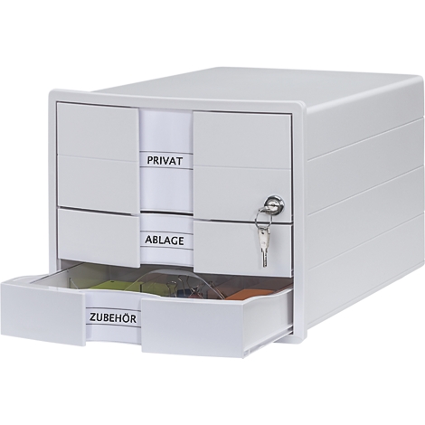 Grey drawer box with three drawers labeled "Private", "Storage", "Accessories". Key is in the lock.