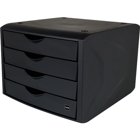 Black office drawer cabinet with four drawers and recessed handles.