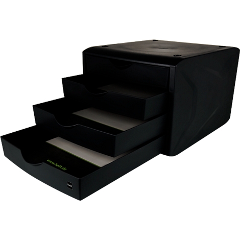 Black drawer box with three drawers, partially open. A website address on it.