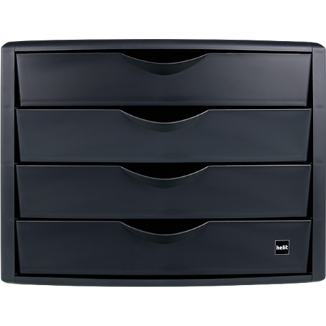 Dark grey drawer cabinet with four compartments. Each compartment has a handle-less opening. The helit logo is at the bottom right.