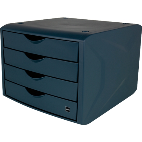 Dark blue drawer system with four drawers. The recessed grips are semi-circular. There is a small logo at the bottom right.