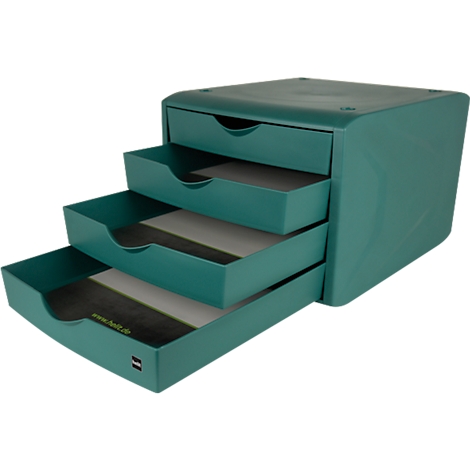 A green drawer cabinet with four open drawers. The drawers feature the logo of feltz.de.
