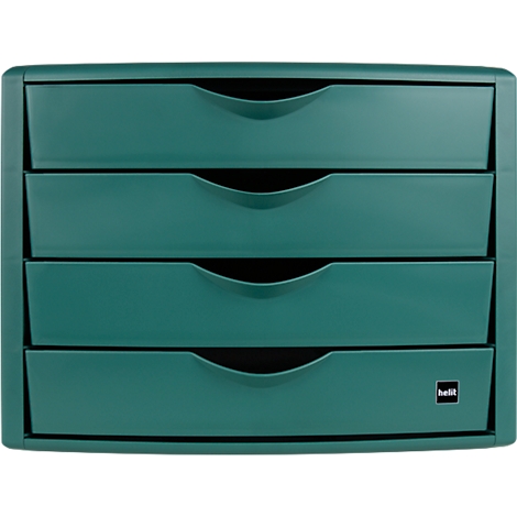 Green drawer cabinet with four drawers and curved recesses for handles.