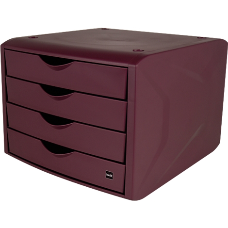 Burgundy file cabinet with four drawers. Small company logo at the bottom.