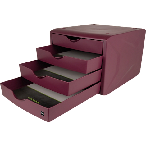 Burgundy desk organizer with four pull-out drawers, some of which are open.