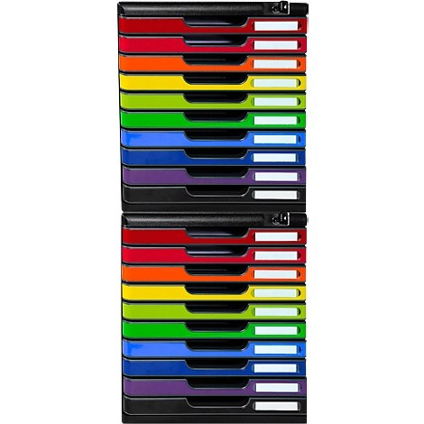 A colorful stack of filing trays. Each tray is a different color, with white labels.