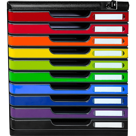 Multi-colored document organizer with drawers. Top is black, then red, orange, yellow, green, blue, purple, and black.