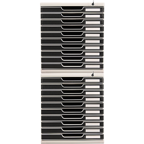 File tray with 20 compartments in black and white.