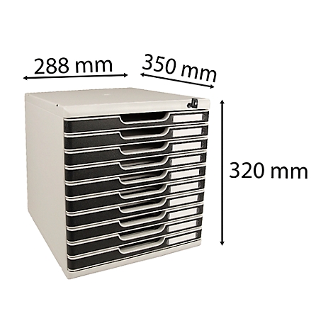 Gray-black filing cabinet with 10 drawers, dimensions: 288x350x320 mm, white background.