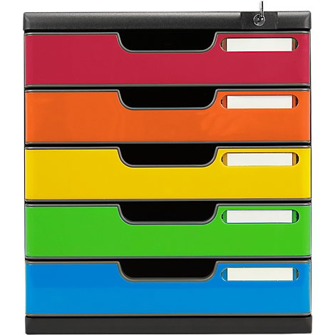 Colorful drawer box with five drawers in red, orange, yellow, green, and blue, with black handles and casing. A lock at the top.