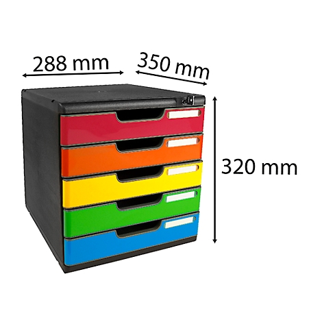 Office cabinet with five drawers in red, orange, yellow, green and blue, with dimensions 288x350x320 mm.