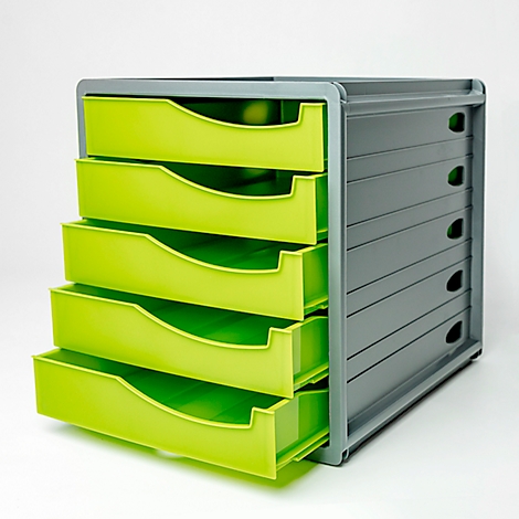 Gray drawer cabinet with five light green drawers. Some drawers are open.