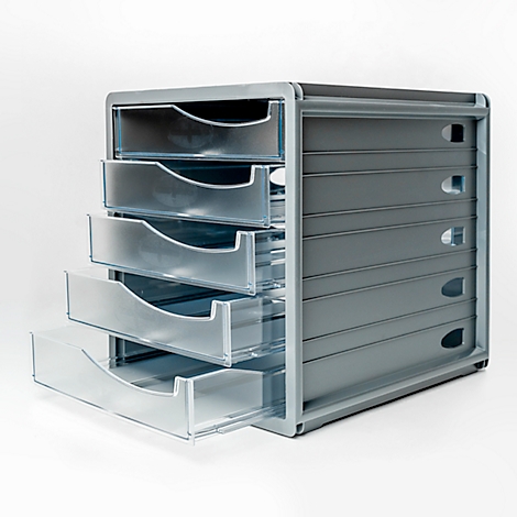 Grey filing cabinet with 5 drawers, one is open.