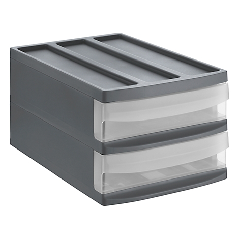 Gray drawer box with two drawers, each with a transparent front.
