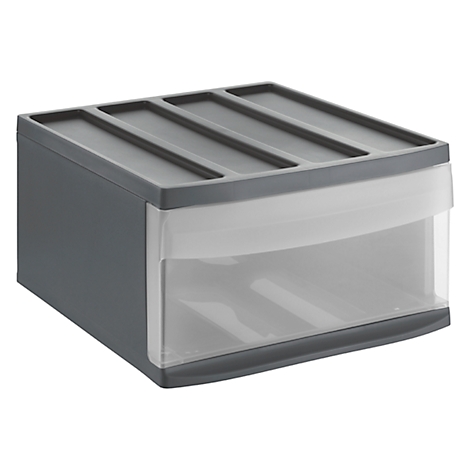 Gray drawer box with transparent front. There are four narrow compartments at the top. The box stands in isolation.