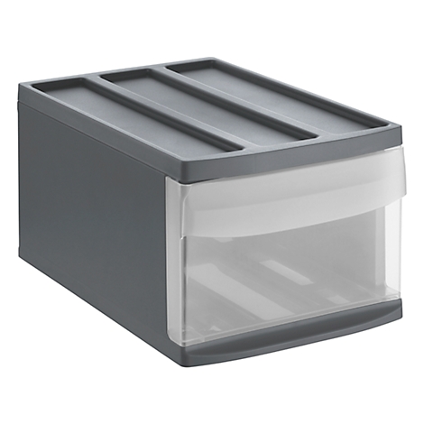 Gray drawer box with transparent drawer. The lid has three elongated recesses.