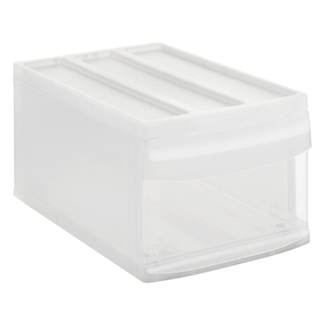 White rectangular storage box with lid and drawer against a white background.