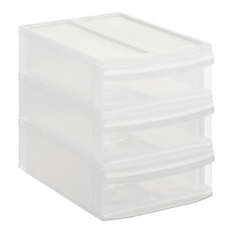 Transparent drawer organizer with three drawers. On a white background.