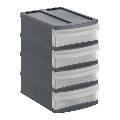 Gray drawer box with four transparent drawers. There is a lid on top. Plastic.