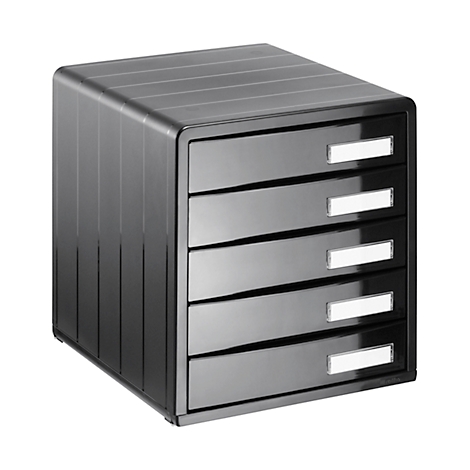 Black five-drawer tower with white labels. The design is rounded, on a white background.
