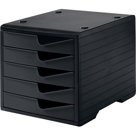 Black office drawer cabinet with five drawers, on a white background.