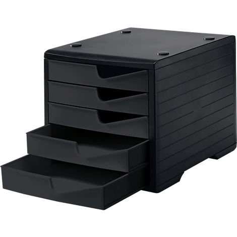 Black drawer box with five drawers, one open. Four round elevations on top.