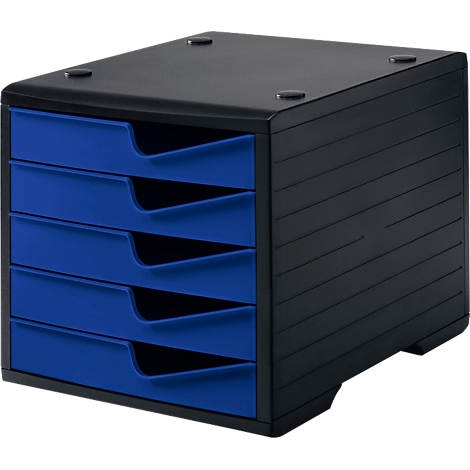 Black office organizer with blue drawers. Five drawers, square, for documents. Standing on a flat surface.