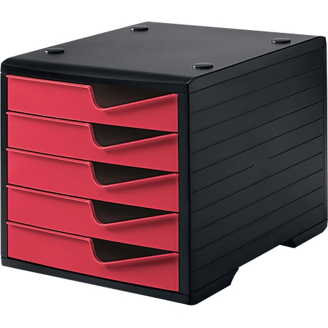 Black document organizer with five red drawers. The top has four gray buttons.