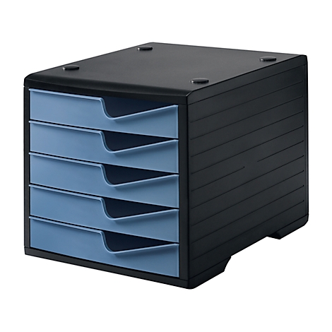 Black office organizer with five light blue drawers. Top plate with recesses, ribbed sides.