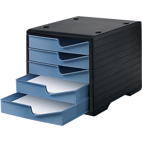 Black document organizer with four blue drawers filled with paper. The drawers are partially open.