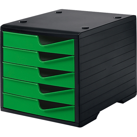 Black filing cabinet with five green drawers. The lid has four small, round elements.