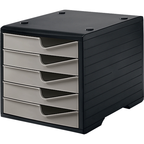 A black desk organizer with five light grey drawers.