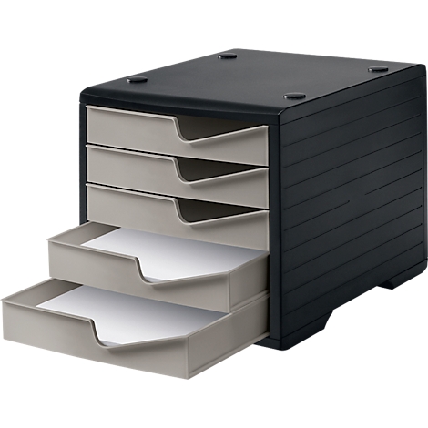 Black storage system with four gray drawers. Three drawers are closed, one is open with white paper.