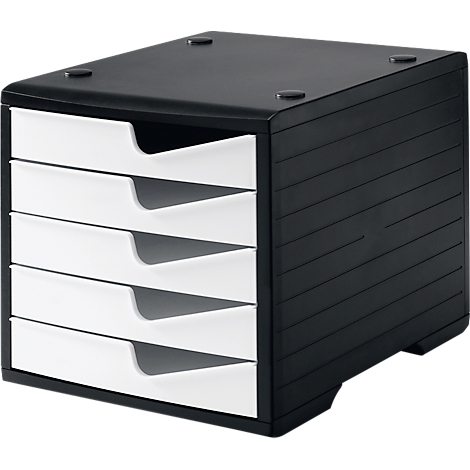 Black office organizer with five white drawers. On top of the organizer are four black dots.
