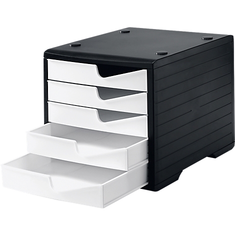 A black, four-tier drawer system. The drawers are white and partially pulled out. The case is ribbed.