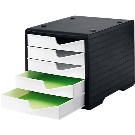 Black office organizer with four drawers, partially open. The drawers are green inside.