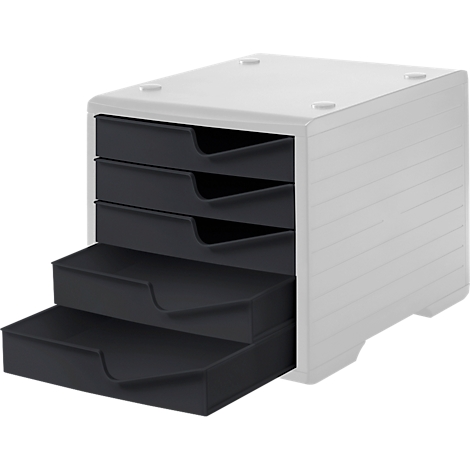 Drawer box, white case with four black drawers. One drawer is open.